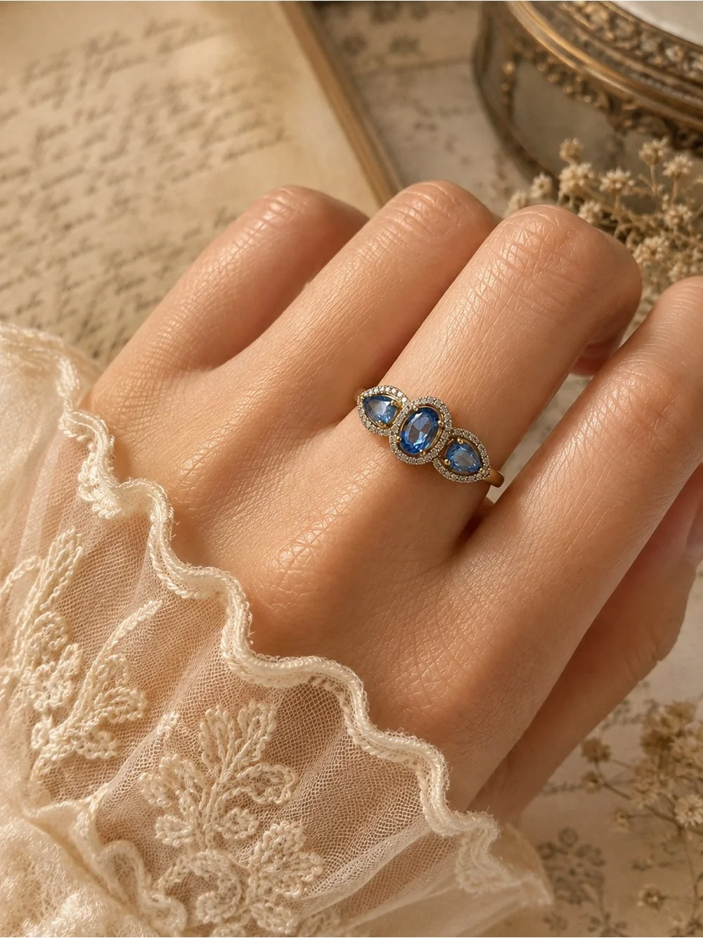 MACY’S • Vintage Style Blue Tanzanite Three-Stone Halo Crystal Ring September